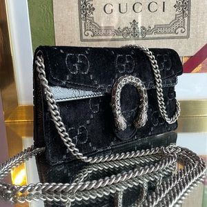Authentic GUCCI Velvet GG Monogram Super Mini Dionysus Shoulder Bag in Black